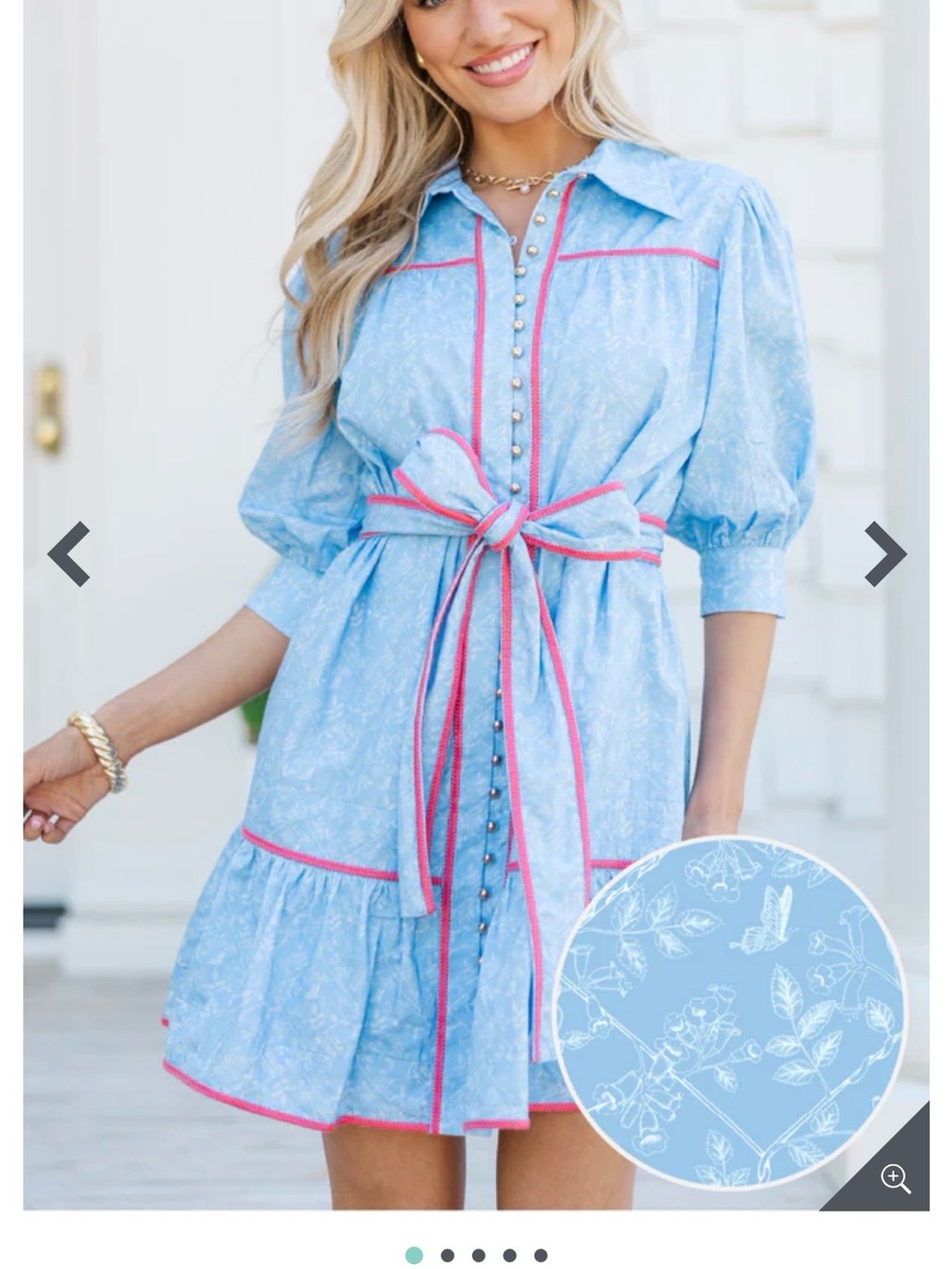 Light Blue Floral Mini Dress with Pink Trim and Tie Waist